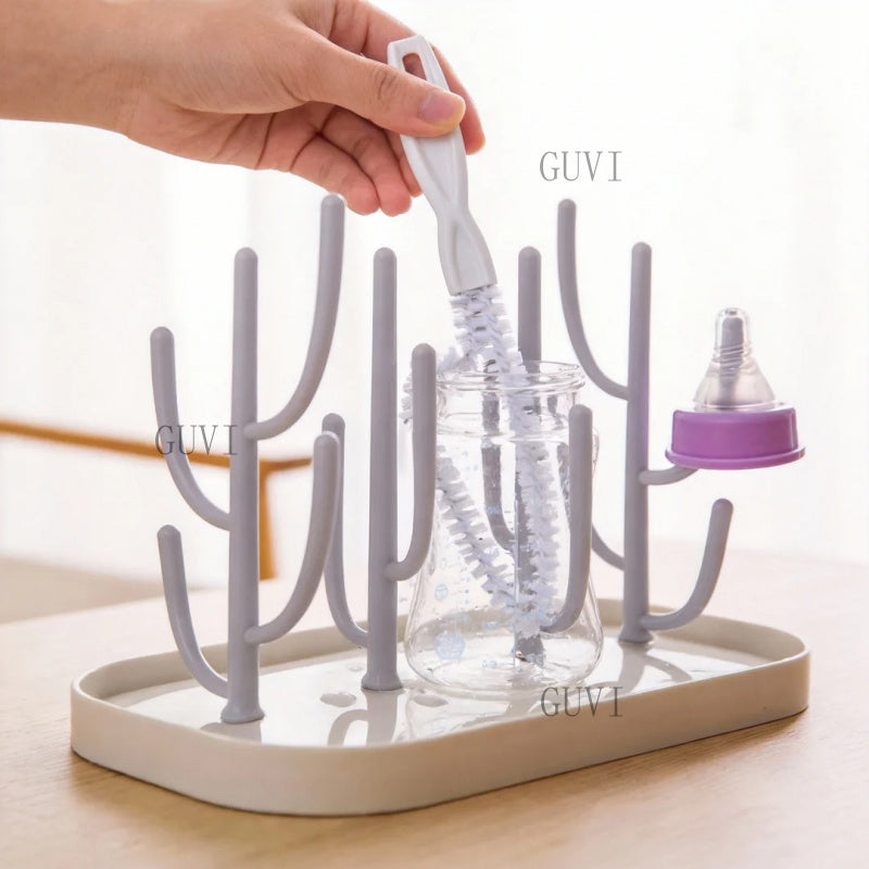 1 Set Multifunctional Bottle and Nipple Glass Cup Drainer Rack Set | Portable 16-Spoke Cactus-Shaped Drying Rack with Detachable Support, Includes Bottle Cleaning Brush