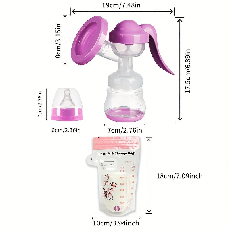 Portable Manual Breast Pump with 30 200ml Milk Storage Bags - Dual Suction, Anti-Backflow & Petal Massage Cover - Soft, Hygienic Manual Pump Suitable for Four Colors | for Breastfeeding -the, Travel, & Year