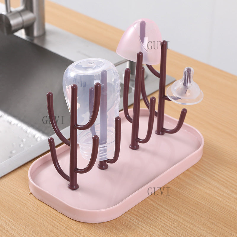 1 Set Multifunctional Bottle and Nipple Glass Cup Drainer Rack Set | Portable 16-Spoke Cactus-Shaped Drying Rack with Detachable Support, Includes Bottle Cleaning Brush