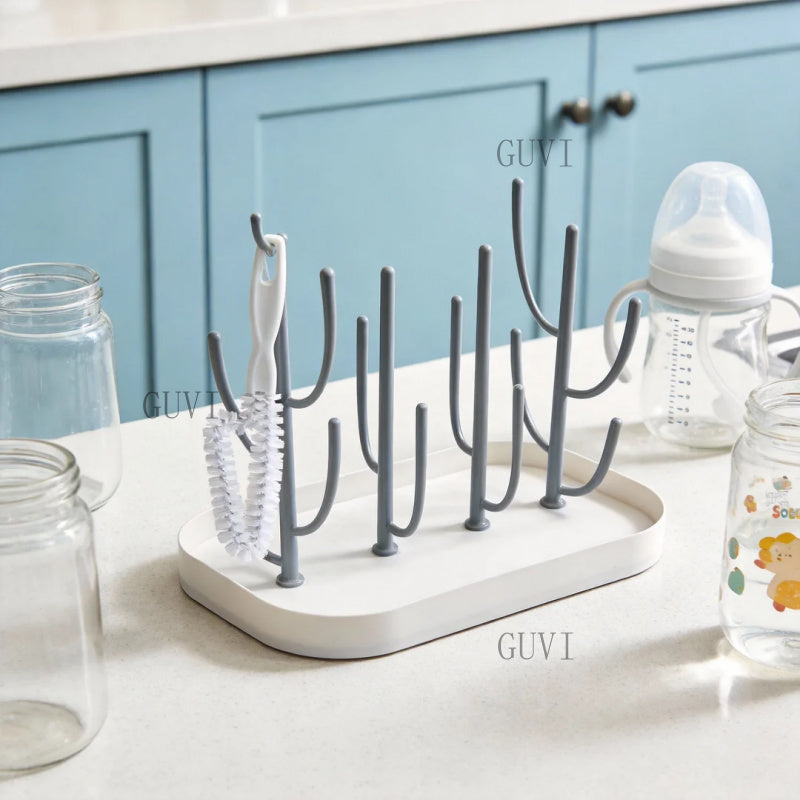 1 Set Multifunctional Bottle and Nipple Glass Cup Drainer Rack Set | Portable 16-Spoke Cactus-Shaped Drying Rack with Detachable Support, Includes Bottle Cleaning Brush