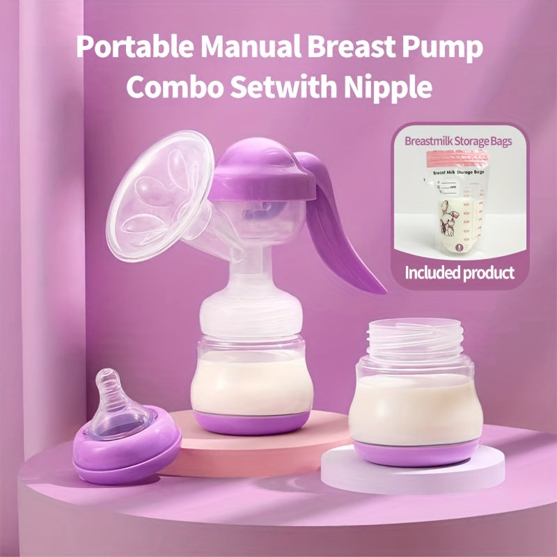 Portable Manual Breast Pump with 30 200ml Milk Storage Bags - Dual Suction, Anti-Backflow & Petal Massage Cover - Soft, Hygienic Manual Pump Suitable for Four Colors | for Breastfeeding -the, Travel, & Year