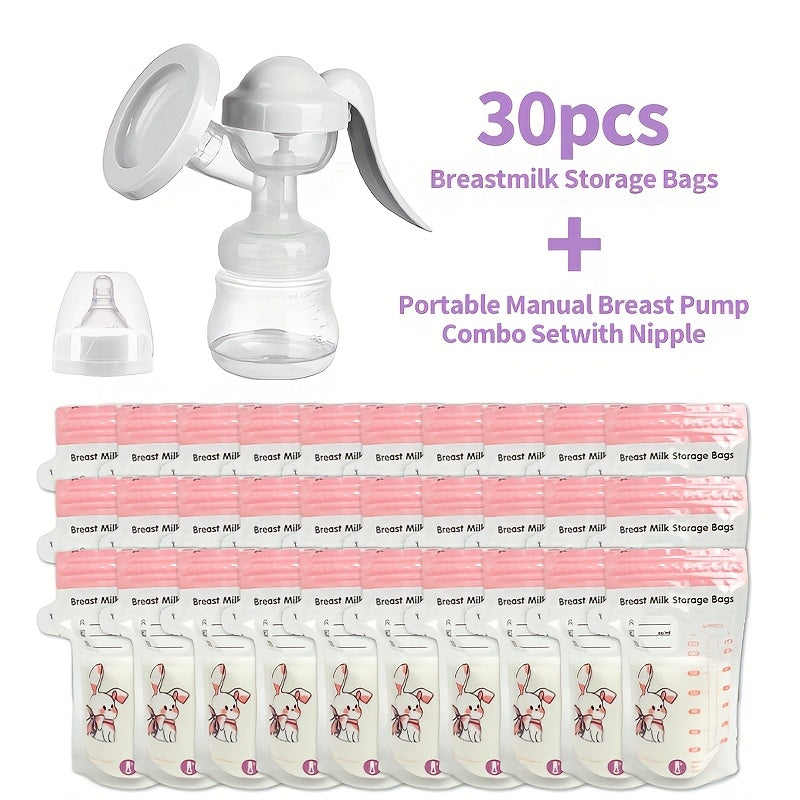 Portable Manual Breast Pump with 30 200ml Milk Storage Bags - Dual Suction, Anti-Backflow & Petal Massage Cover - Soft, Hygienic Manual Pump Suitable for Four Colors | for Breastfeeding -the, Travel, & Year