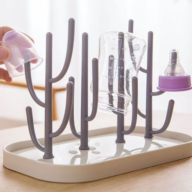 1 Set Multifunctional Bottle and Nipple Glass Cup Drainer Rack Set | Portable 16-Spoke Cactus-Shaped Drying Rack with Detachable Support, Includes Bottle Cleaning Brush