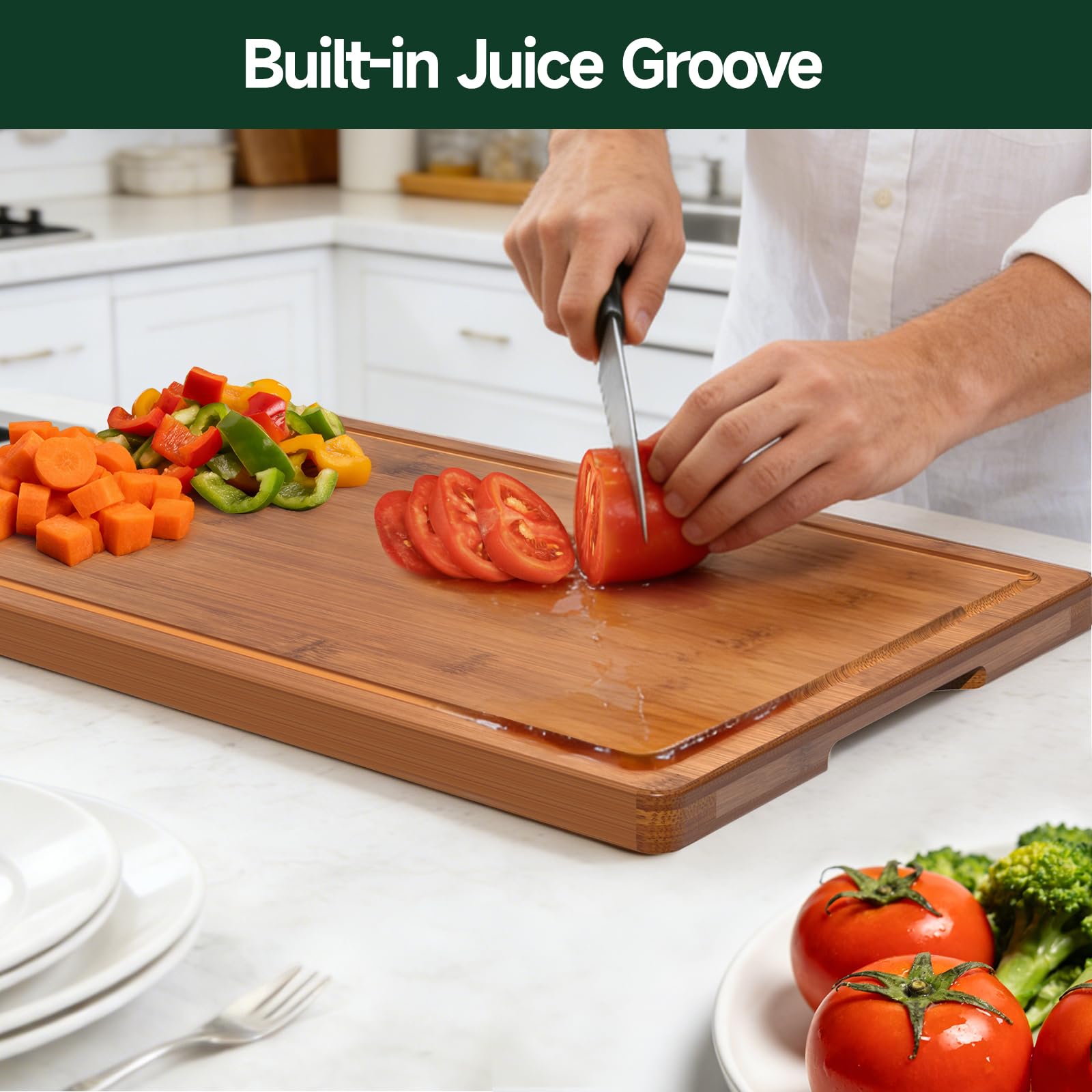 3 Piece Bamboo Cutting Board Set Crack Resistant Wood Boards for Meat Vegetables and Cheese Kitchen Use