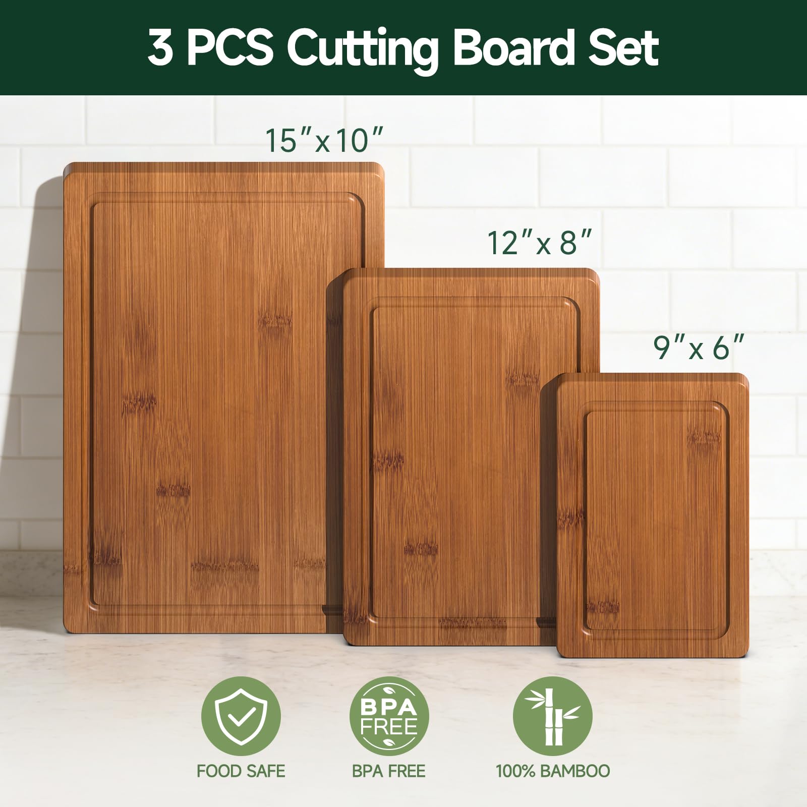3 Piece Bamboo Cutting Board Set Crack Resistant Wood Boards for Meat Vegetables and Cheese Kitchen Use
