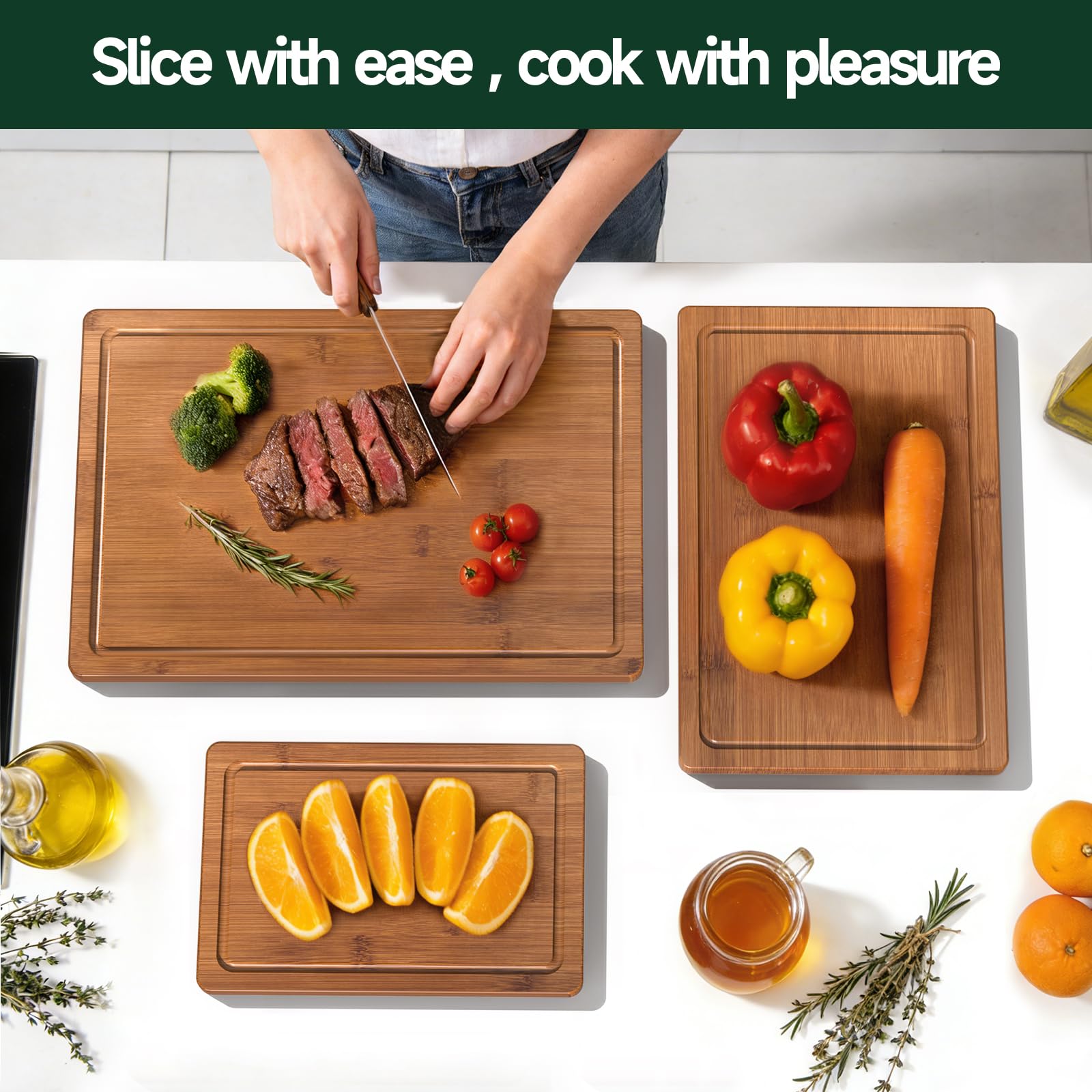 3 Piece Bamboo Cutting Board Set Crack Resistant Wood Boards for Meat Vegetables and Cheese Kitchen Use